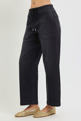 Elastic Band Slouchy Crop Baggy Patch Pocket Jeans - Shop Hidden Treasure Boutique