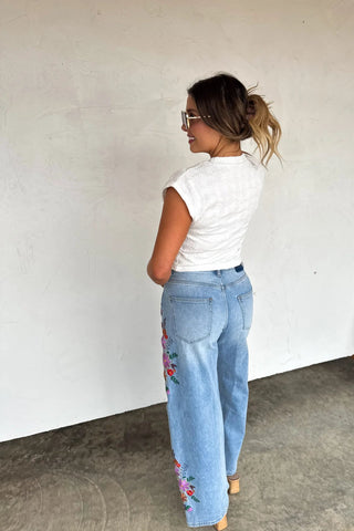 Evie Wide Leg Embroidered Jeans - Shop Hidden Treasure Boutique