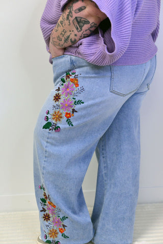 Evie Wide Leg Embroidered Jeans - Shop Hidden Treasure Boutique