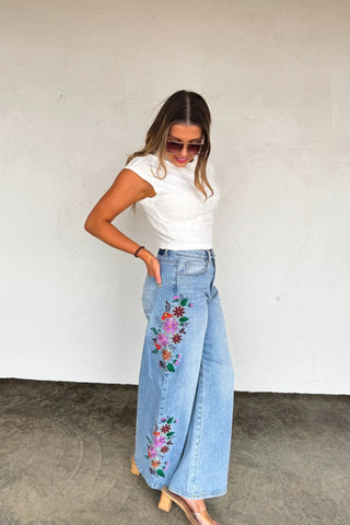 Evie Wide Leg Embroidered Jeans - Shop Hidden Treasure Boutique