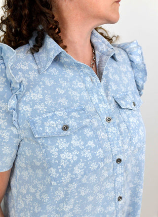Floral Printed Denim Shirt Dress - Shop Hidden Treasure Boutique
