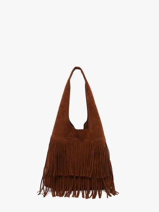 A brown suede shoulder bag with a wide strap and long fringe detailing along the bottom, shown against a plain white background.
