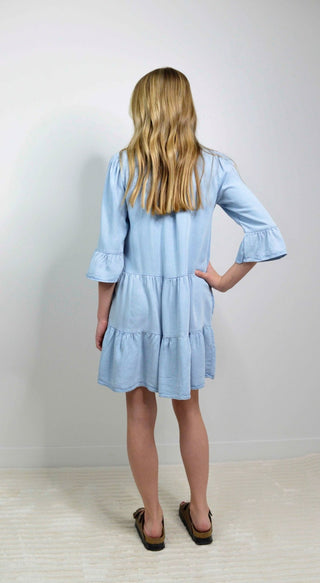 Girls Washed Denim Ruffle Sleeve Dress - Shop Hidden Treasure Boutique