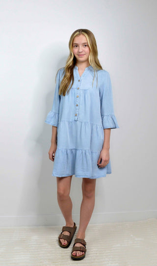 Girls Washed Denim Ruffle Sleeve Dress - Shop Hidden Treasure Boutique