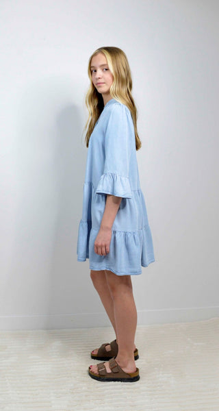 Girls Washed Denim Ruffle Sleeve Dress - Shop Hidden Treasure Boutique