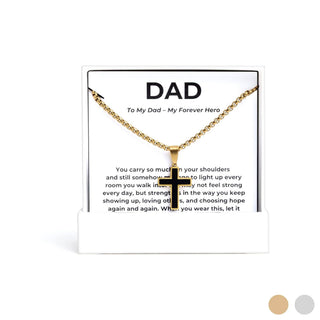 Gold necklace with cross pendant on a card for Dad