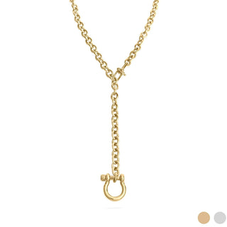 Gold horseshoe necklace with a clasp on a white background