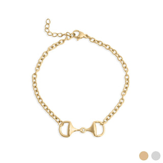 Gold bracelet with a horse bit design on a white background