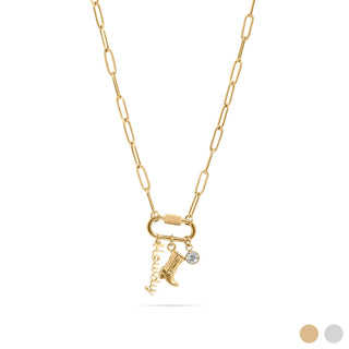 Gold necklace with a boot charm and small round charm on a white background