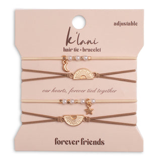 Three adjustable hair tie bracelets with pearl and gold charms, displayed on a beige card that reads 'k'lani hair tie + bracelet' and 'forever friends'.