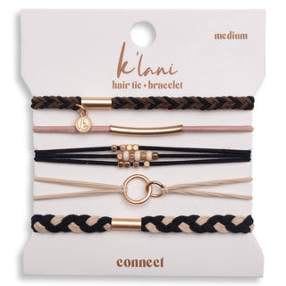 A set of six K'lani Connect medium hair tie and bracelet elastic bands on a white display card. The set includes black and beige braided, black and beige flat, black flat with gold beads and charm, black flat with gold spacer, beige flat with gold ring, and black and beige flat with a gold cap.