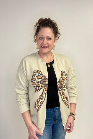 Leopard Bow Sweatshirt Cardigan - Shop Hidden Treasure Boutique