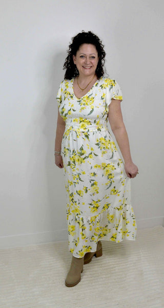 Lucy Smocked Yellow Floral Dress - Shop Hidden Treasure Boutique