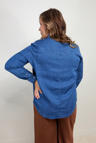 Magnolia Stretch Chambray Shirt - Shop Hidden Treasure Boutique