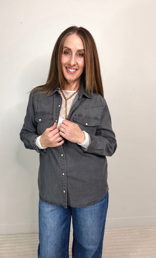 Magnolia Stretch Shirt - Washed Black - Shop Hidden Treasure Boutique