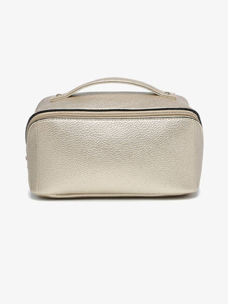Beige textured travel case on a white background