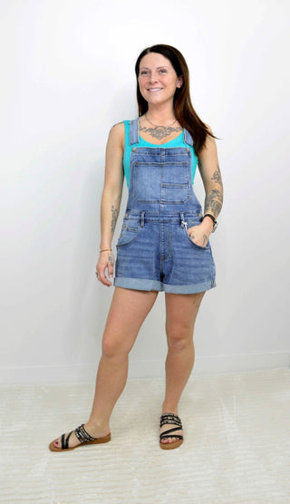 Medium Wash Shorts Overalls - Shop Hidden Treasure Boutique