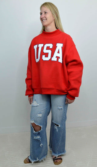 Mock Neck Reversible Red USA Sweatshirt - Shop Hidden Treasure Boutique