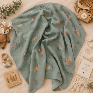 cute green swaddle with deer and outdoor scene made of muslin