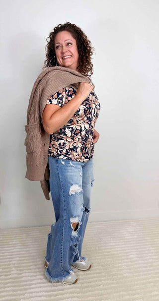 Navy Autumn Petals Tee - Shop Hidden Treasure Boutique