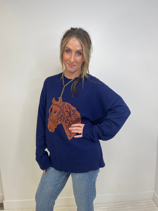Navy Horse Sweater - Shop Hidden Treasure Boutique