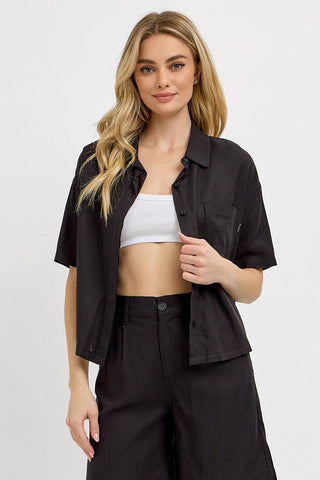 Oversized Cropped Linen Top - Black - Shop Hidden Treasure Boutique
