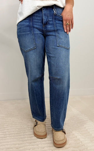 Patch Pocket 4-Way Stretch Barrel Jeans - Shop Hidden Treasure Boutique