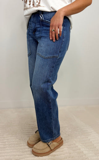 Patch Pocket 4-Way Stretch Barrel Jeans - Shop Hidden Treasure Boutique