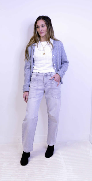 Patch Pocket Light Grey Barrel Jeans - Shop Hidden Treasure Boutique