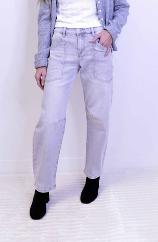 Patch Pocket Light Grey Barrel Jeans - Shop Hidden Treasure Boutique