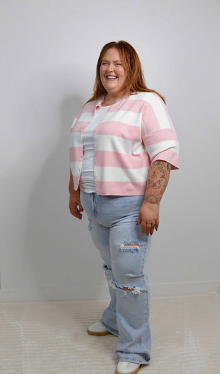 Pink Stripe Knit Button Down Top - Shop Hidden Treasure Boutique