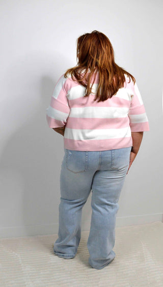 Pink Stripe Knit Button Down Top - Shop Hidden Treasure Boutique