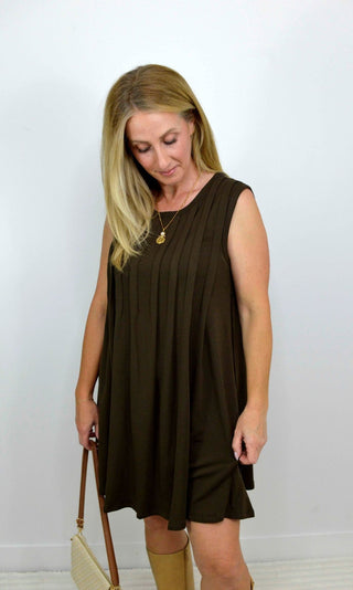 Pleated Brown Tank Dress - Shop Hidden Treasure Boutique