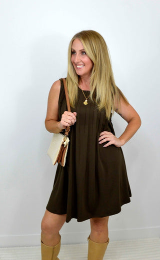 Pleated Brown Tank Dress