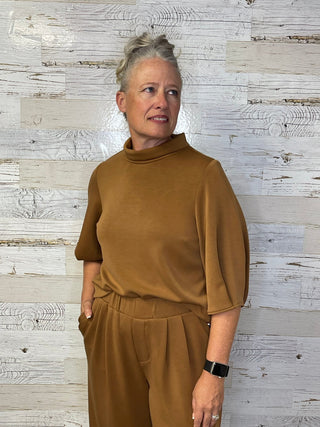 Pleated Mock Neck Top - Nutmeg - Shop Hidden Treasure Boutique