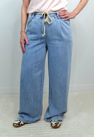 Pleated Rope Belt Wide Leg Jeans - Shop Hidden Treasure Boutique