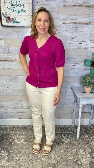 Puff Sleeve Button Up - Wild Berry - Shop Hidden Treasure Boutique