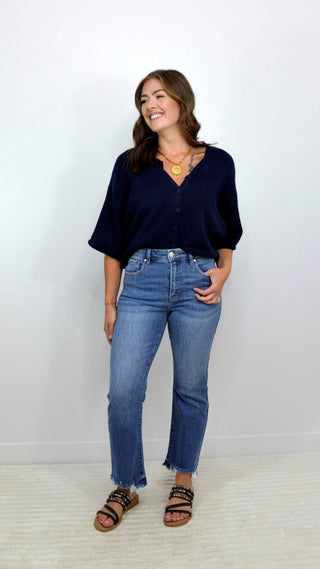 Quarter Sleeve Navy Sweater Top - Shop Hidden Treasure Boutique