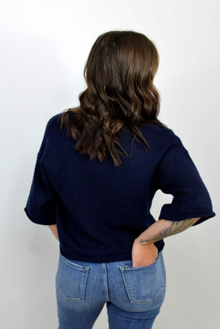Quarter Sleeve Navy Sweater Top - Shop Hidden Treasure Boutique
