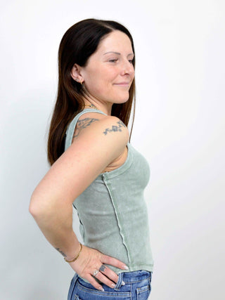 Raw Edge Dusty Green Tank Top - Shop Hidden Treasure Boutique