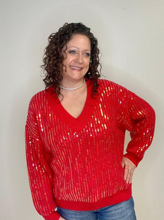 Red Sequin Festive Sweater - Shop Hidden Treasure Boutique