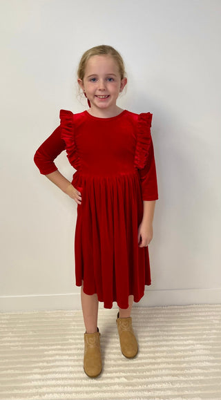 Red Velvet Ruffle Twirl Dress - Shop Hidden Treasure Boutique