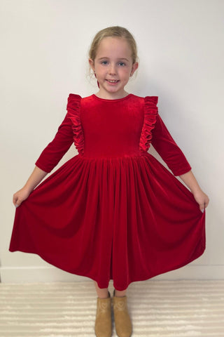 Red Velvet Ruffle Twirl Dress - Shop Hidden Treasure Boutique