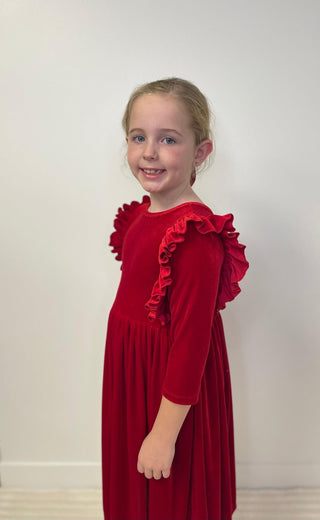 Red Velvet Ruffle Twirl Dress - Shop Hidden Treasure Boutique