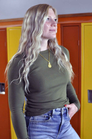 Reese Ribbed Long Sleeve Top - Olive - Shop Hidden Treasure Boutique