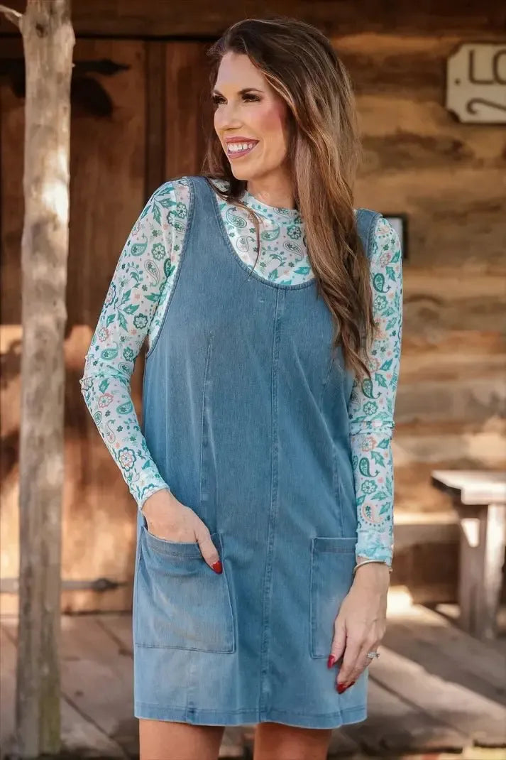 denim jumper dress Buy Vintage Christopher & Banks Online in India line silhouette with a feathery frayed hem BerryGo Women's Denim V Neck