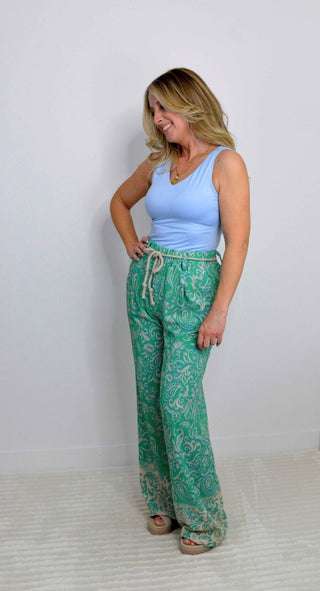 Rope Belt Wide Leg Abstract Pants - Shop Hidden Treasure Boutique