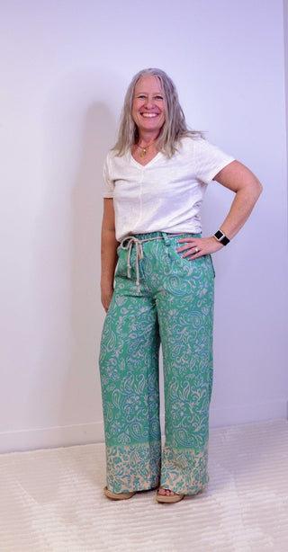 Rope Belt Wide Leg Abstract Pants - Shop Hidden Treasure Boutique