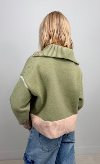Sage/Pink Zip Collar Girls Sweater - Shop Hidden Treasure Boutique