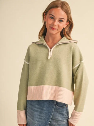Sage/Pink Zip Collar Girls Sweater - Shop Hidden Treasure Boutique
